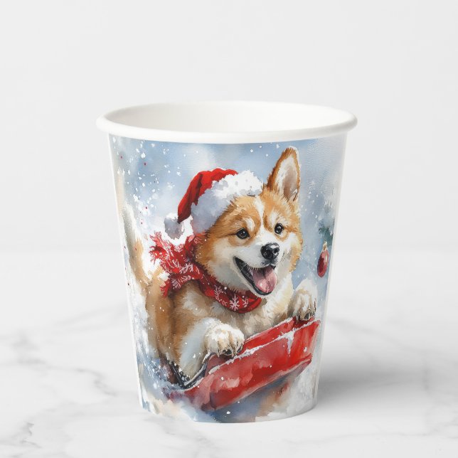 Akita Dog in Sledge Lass es Schnee Weihnachten Pappbecher (Vorderseite)