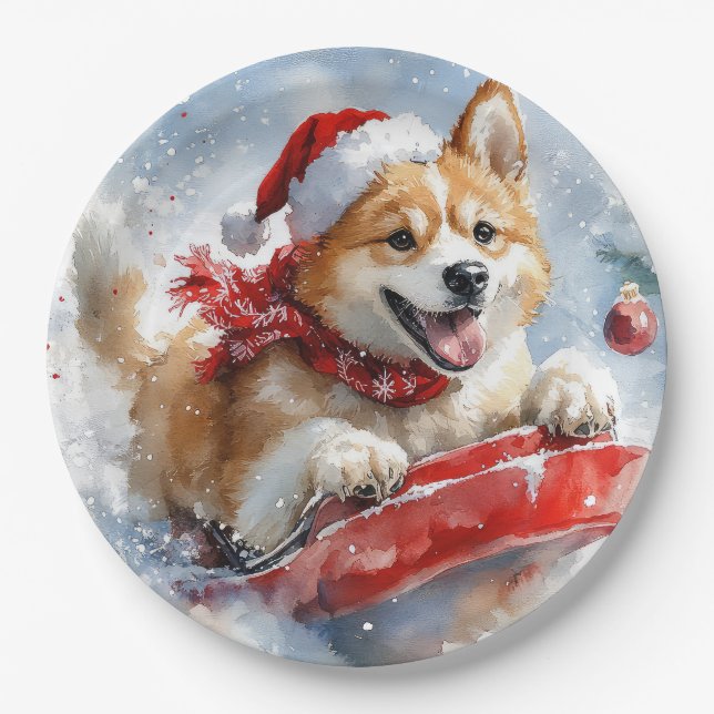 Akita Dog in Sledge Lass es Schnee Weihnachten Pappteller (Vorderseite)