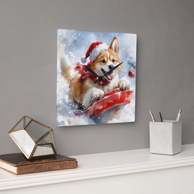Akita Dog in Sledge Lass es Schnee Weihnachten Quadratische Wanduhr (Büro)