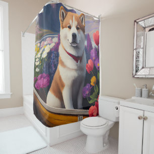 Akita Dog on a Paddle: Ein Landschaftliches Abente Duschvorhang