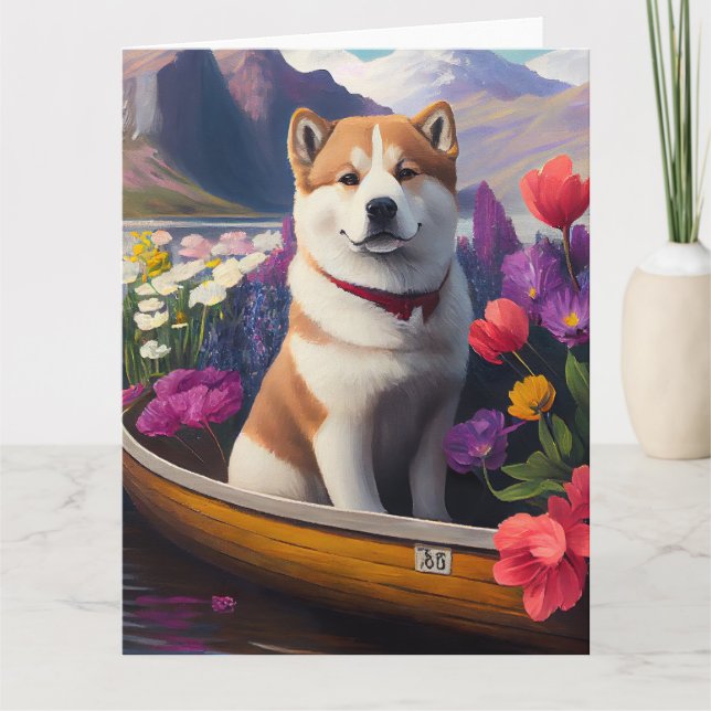 Akita Dog on a Paddle: Ein Landschaftliches Abente Karte (Vorderseite)