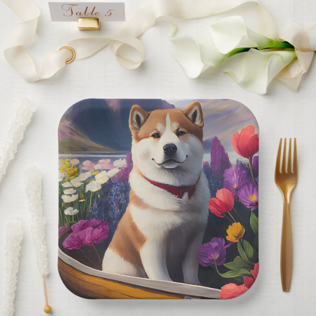 Akita Dog on a Paddle: Ein Landschaftliches Abente Pappteller (Hochzeit)