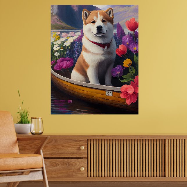 Akita Dog on a Paddle: Ein Landschaftliches Abente Poster (Wohnzimmer 2)