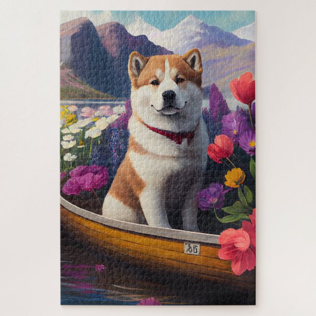 Akita Dog on a Paddle: Ein Landschaftliches Abente Puzzle (Vertikal)