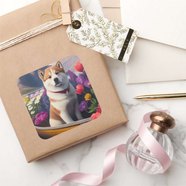 Akita Dog on a Paddle: Ein Landschaftliches Abente Quadratischer Aufkleber (Schenken)