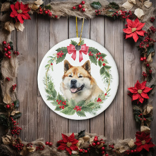 Akita Dog Red Bow Holly Wreath Keramik Ornament