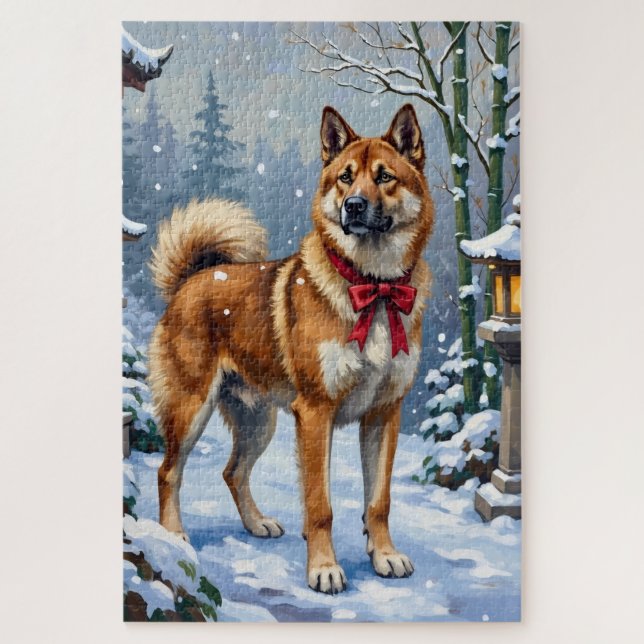 Akita Dog Serene Japanese Winter Christmas Puzzle (Vertikal)