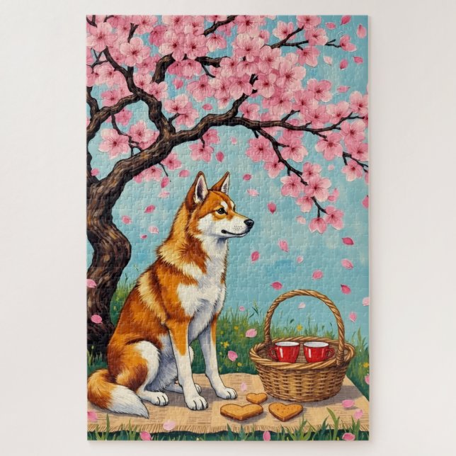 Akita Dog Valentine's Day Cherry Blossom Picnic Puzzle (Vertikal)