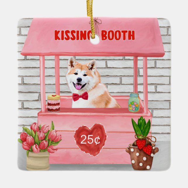 Akita Dog Valentine's Day Kissing Booth Keramikornament (Vorderseite)