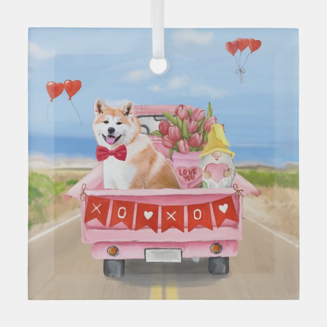 Akita Dog Valentine's Day Lkw Herz Ornament Aus Glas (Vorderseite)