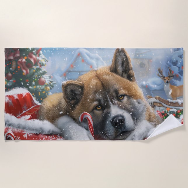Akita Dog Weihnachtsfest Strandtuch (Vorderseite)