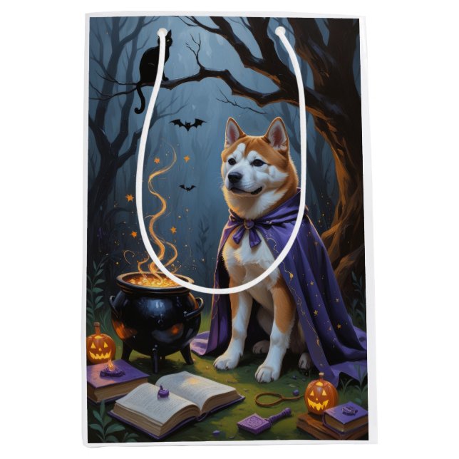 Akita Dog Whimsical Halloween Malerei Mittlere Geschenktüte (Vorderseite)