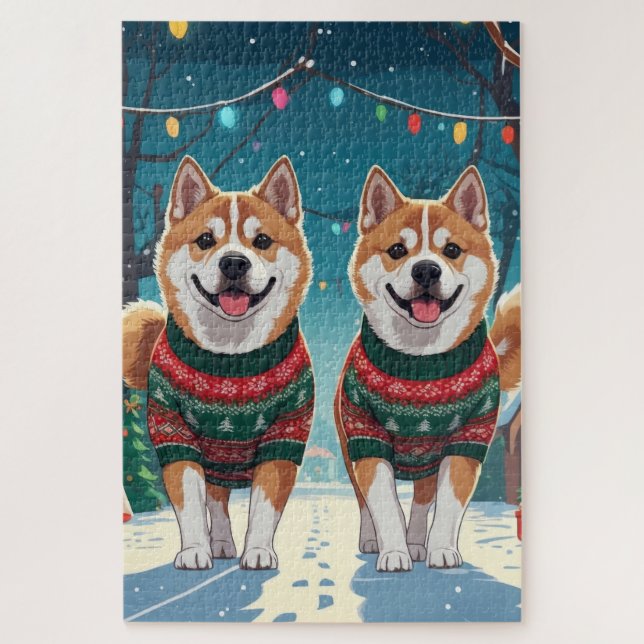 Akita Dogs Christmas Snow Holiday Puzzle (Vertikal)