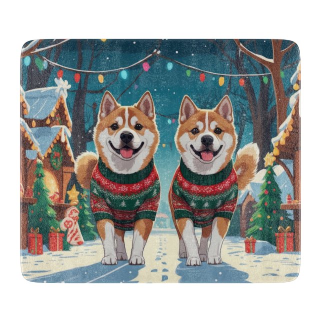 Akita Dogs Christmas Snow Holiday Schneidebrett (Vorderseite)