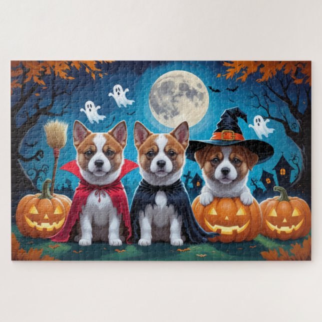 Akita Dogs Pumpkin Halloween Funny Puzzle (Horizontal)