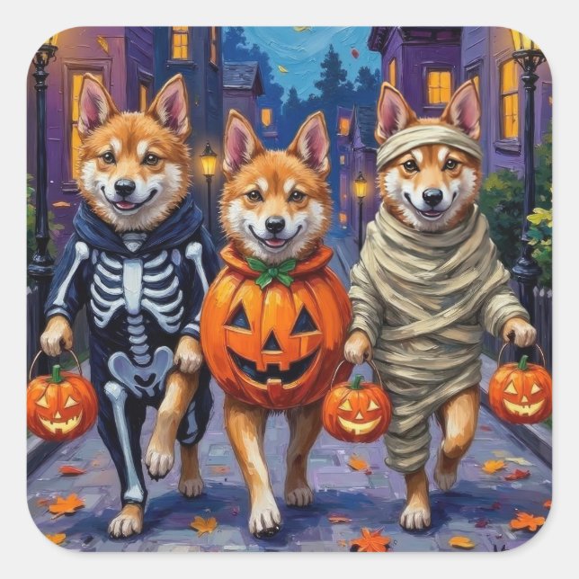 Akita Dogs Trick-or-Treating in Halloween-Kostümen Quadratischer Aufkleber (Vorderseite)