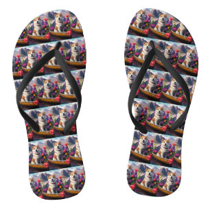 Akita-Hund auf einem Paddel: Ein landschaftliches Flip Flops