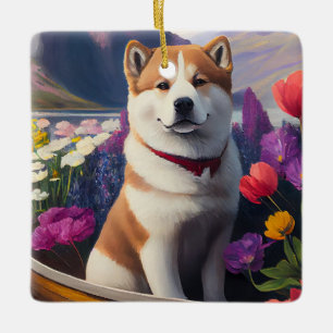 Akita-Hund auf einem Paddel: Ein landschaftliches  Keramikornament