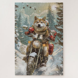 Akita Hund fährt Motorrad Weihnachten Puzzle