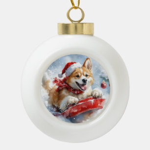 Akita-Hund im Schlitten Lass es schneien Weihnacht Keramik Kugel-Ornament