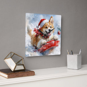Akita-Hund im Schlitten Lass es schneien Weihnacht Quadratische Wanduhr