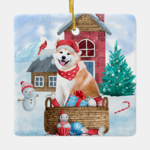 Akita Hund im Schnee Weihnachts-Hundehaus Keramikornament