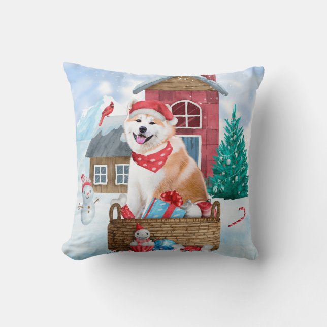 Akita Hund im Schnee Weihnachts-Hundehaus Kissen (Vorderseite)