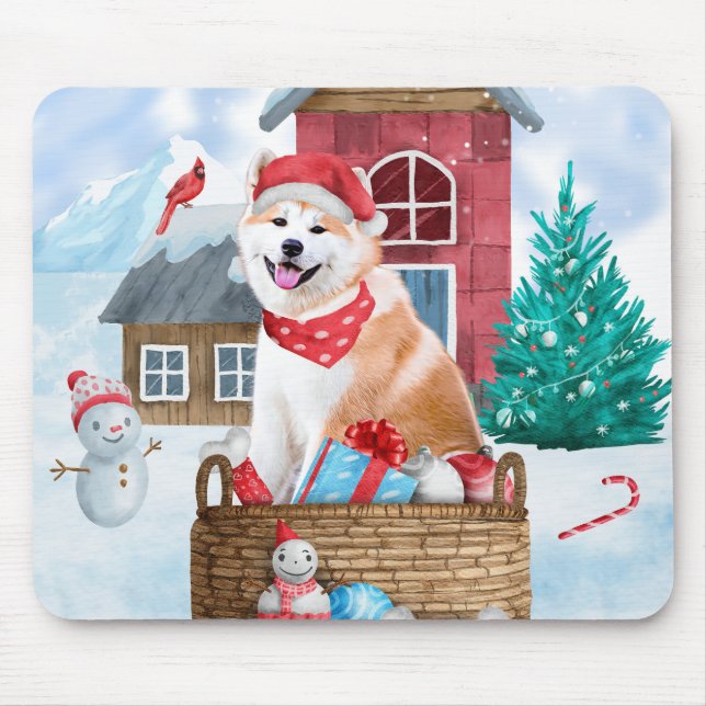 Akita Hund im Schnee Weihnachts-Hundehaus Mousepad (Vorne)