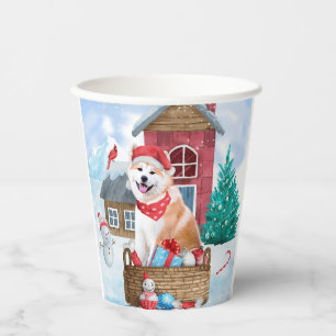 Akita Hund im Schnee Weihnachts-Hundehaus Pappbecher