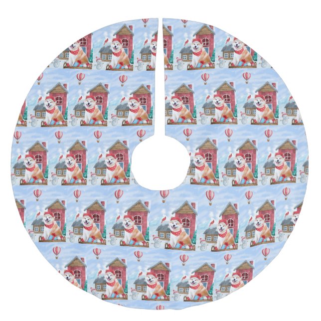 Akita Hund im Schnee Weihnachts-Hundehaus Polyester Weihnachtsbaumdecke (Vorderseite)