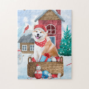 Akita Hund im Schnee Weihnachts-Hundehaus Puzzle