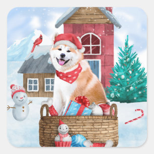 Akita Hund im Schnee Weihnachts-Hundehaus Quadratischer Aufkleber