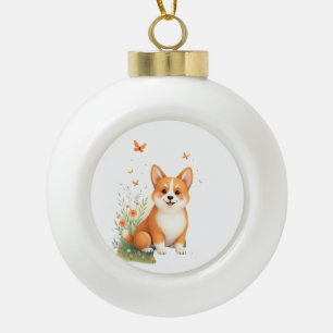 Akita Hund mit Blume und Schmetterling T Shirt Keramik Kugel-Ornament