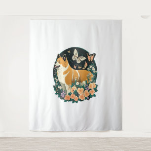 Akita Hund mit Blume und Schmetterling T Shirt Wandteppich