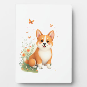 Akita-Hund mit Blumen- und Schmetterlings-T-Shirt Fotoplatte