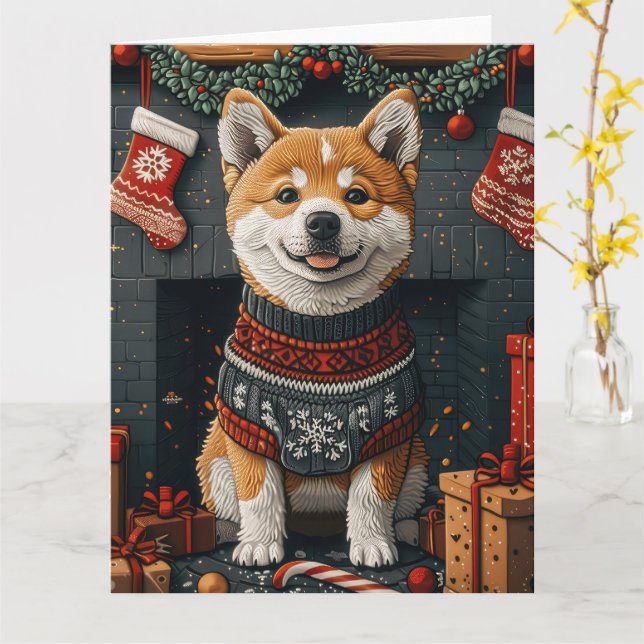 Akita Hund mit Weihnachtsgeschenken Feuerplatz Karte (Gelbe Blume)
