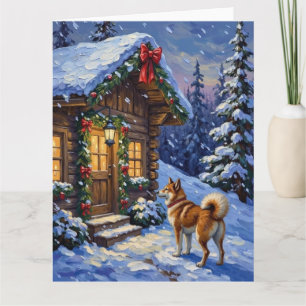 Akita-Hund-Weihnachts-Blockhütte-Urlaub Karte
