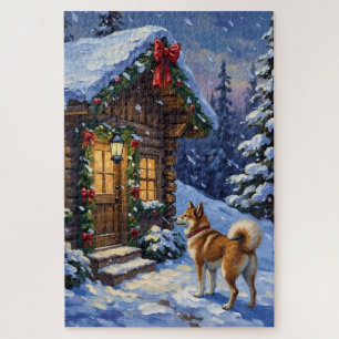 Akita-Hund-Weihnachts-Blockhütte-Urlaub Puzzle