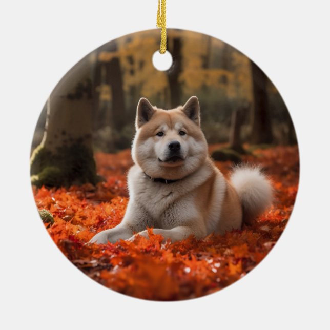 Akita im Herbst Leaves Fall Inspiriert Keramik Ornament (Hinten)