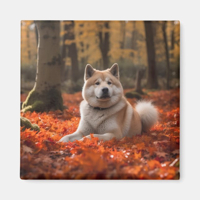 Akita im Herbst Leaves Fall Inspiriert Magnet (Vorne)