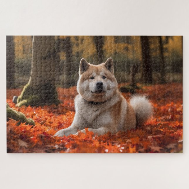 Akita im Herbst Leaves Fall Inspiriert Puzzle (Horizontal)