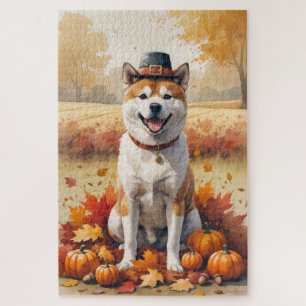 Akita im Herbstlaub Erntedank Kunst Puzzle