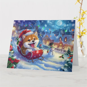 Akita im Schlitten Schnee Weihnachten Karte
