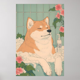 Akita Inu Bathroom Print Funny Dog in Bathtub in Poster