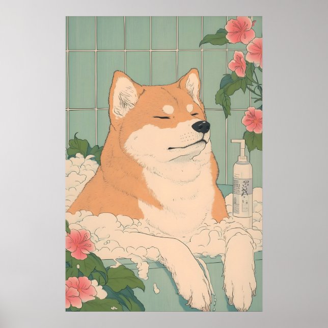 Akita Inu Bathroom Print Funny Dog in Bathtub in Poster (Vorne)