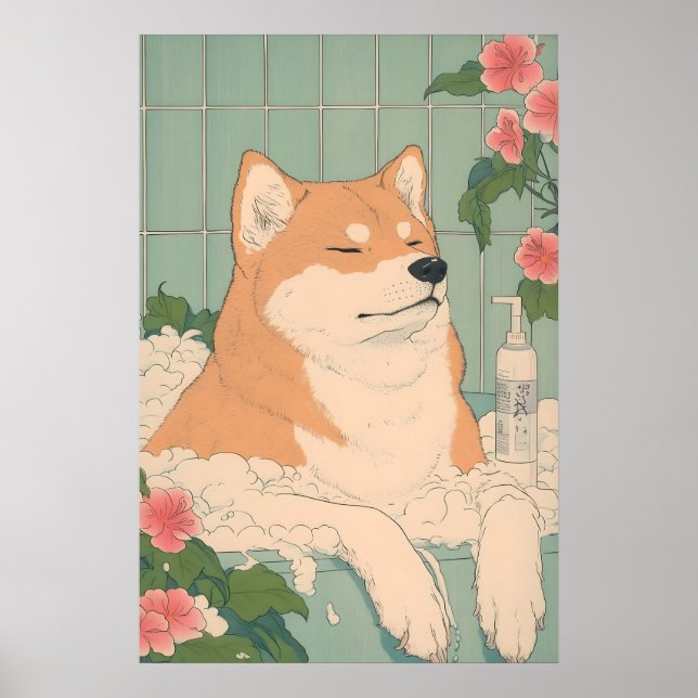Akita Inu Bathroom Print Funny Dog in Bathtub Poster (Vorne)