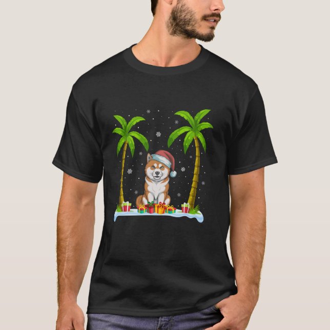 Akita Inu Dog Santa Hat Palm Tree Beach Xmas Pajam T-Shirt (Vorderseite)
