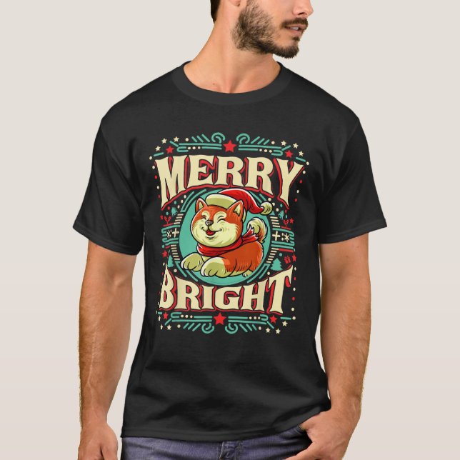 Akita Inu Merry Bright Weihnachts Weihnachtsmann H T-Shirt (Vorderseite)