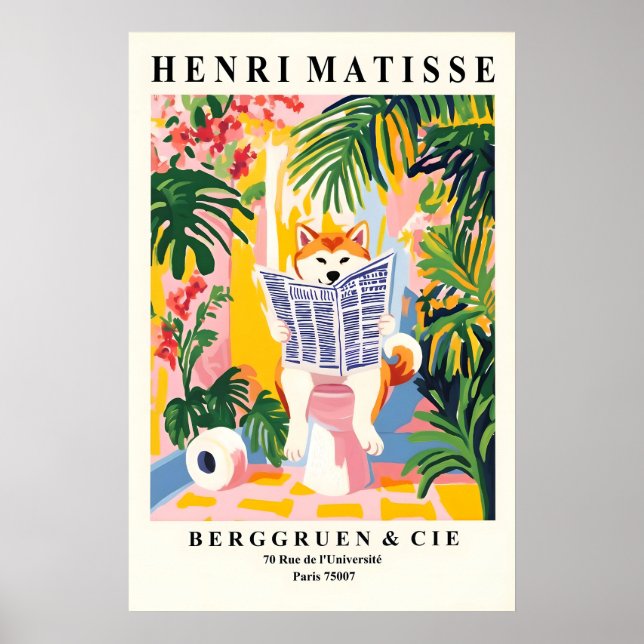 Akita Inu On Toilet Art Print Funny Bathroom in Poster (Vorne)