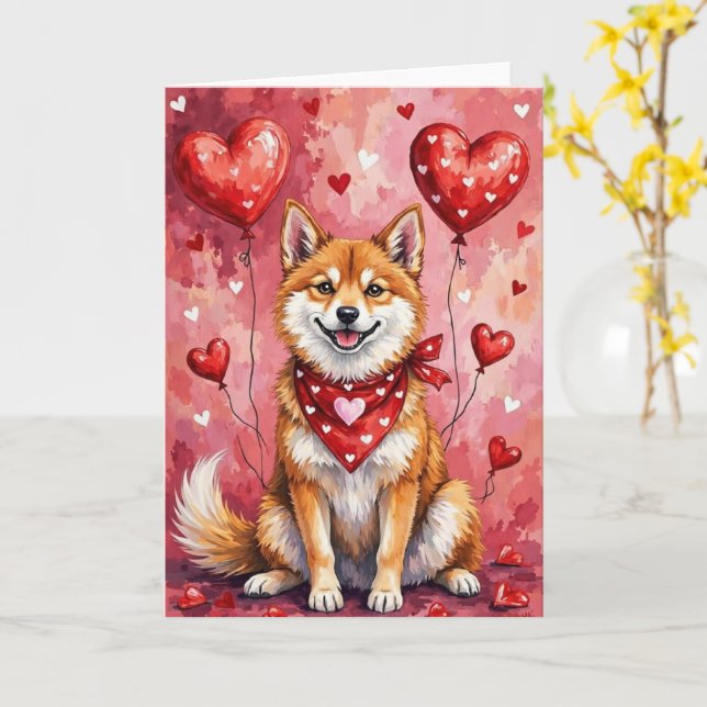 Akita Inu Valentine Dog Sitting with Hearts Red Karte (Gelbe Blume)